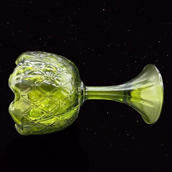 Indiana Art Glass Pedestal Tall Cup Bowl Diamond Avocado Green Duette 9”T 5”W - Picture 3 of 10